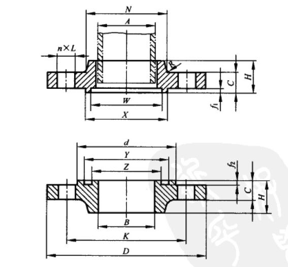 图2-16榫槽面(TG)带颈平焊钢制管法兰